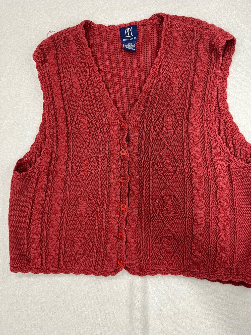 V-Neck Cable Knit Button Front Sweater Vest - Red